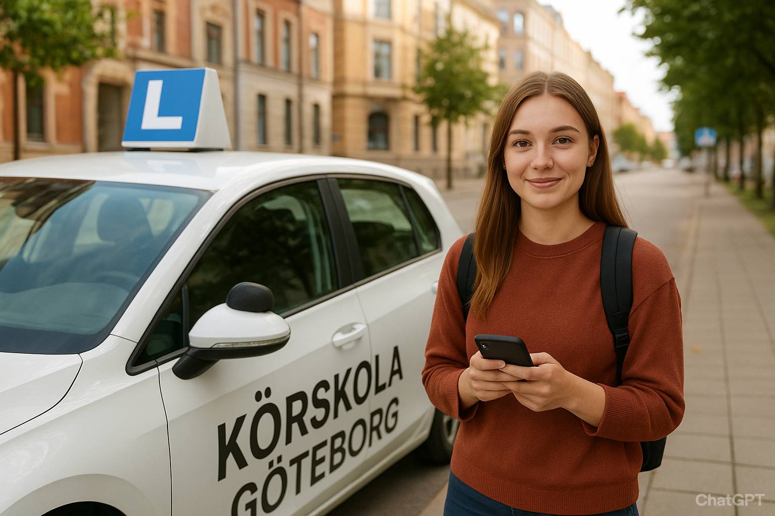 En körelev som står framför en vit bild och ska övningsköra